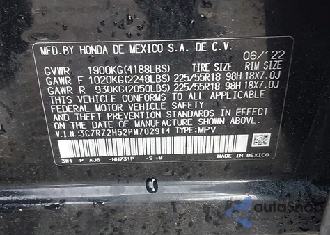 2023 Honda Hr-V Awd Sport z USA, uszkodzony, nr VIN 3CZRZ2H52PM702914